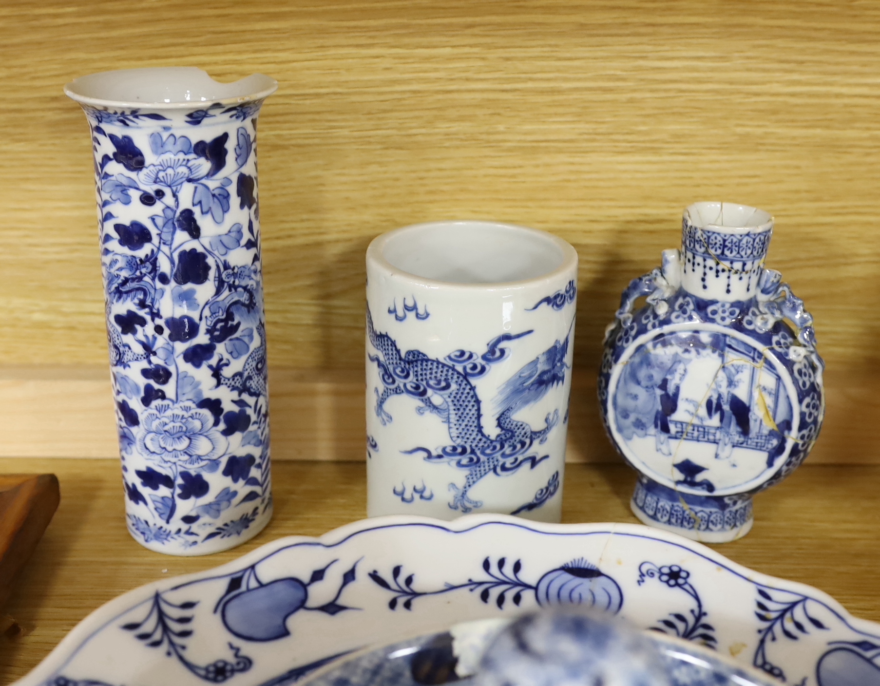 A Meissen style onion-pattern dish, Chinese ceramics and three Delft tiles